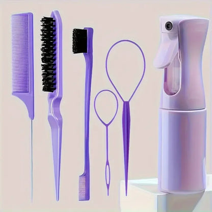 6-Piece Hair Brush & Styling Tool Set — Spray Bottle, Braiding Loop, Rat Tail Comb, Teasing Brush & Edge Control Brush