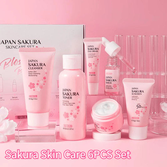 Sakura 6-Piece Skincare Gift Set — Face Cream, Serum, Toner, Cleanser, Sunscreen & Eye Cream
