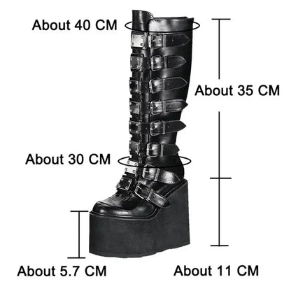 Gothic Cosplay High Heel Platform Wedge Boots — Buckle Strap Long Tube Leather Boots for Women (Plus Size)