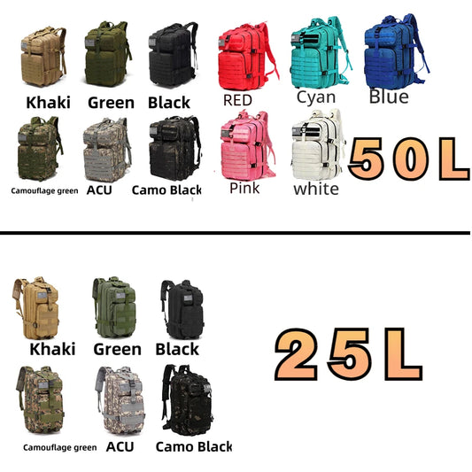 25L/50L Tactical Hiking Backpack — Waterproof Nylon Rucksack for Camping, Trekking, Fishing & Hunting