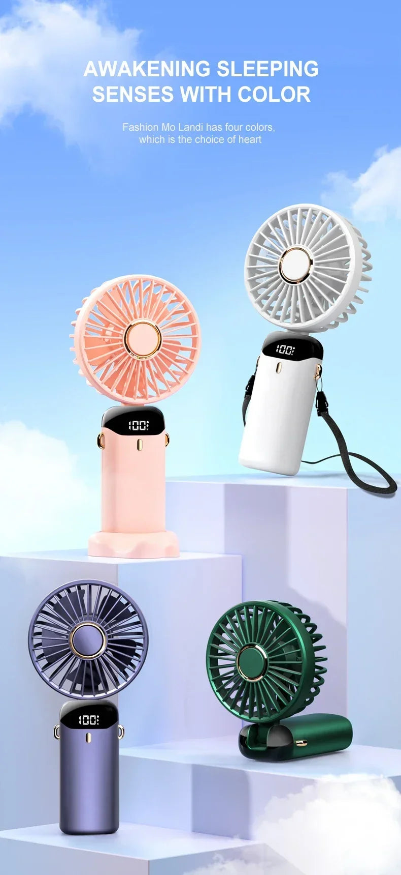 Portable Handheld & Neck Hanging Fan — 5-Speed USB Rechargeable Fan with Phone Stand & Display Screen (1800mAh)