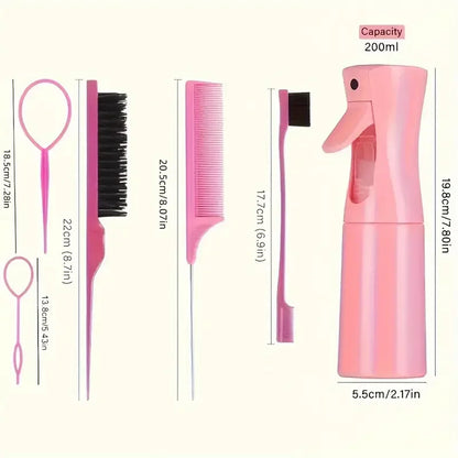 6-Piece Hair Brush & Styling Tool Set — Spray Bottle, Braiding Loop, Rat Tail Comb, Teasing Brush & Edge Control Brush