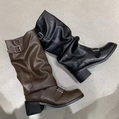Knee High Platform Chunky Heel Boots — Punk Gothic New Rock Leather Motorcycle Boots for Women