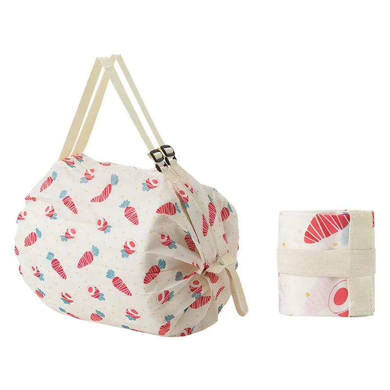 Foldable Eco Reusable Shopping Tote Bag — Cat & Lemon Print Beach, Grocery & Storage Pouch