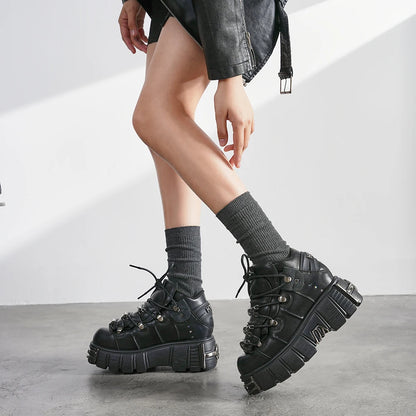 Punk Rock Lace-Up Platform Boots — 6CM Heel Metal Decor Women's Rock Sneaker Boots 2026