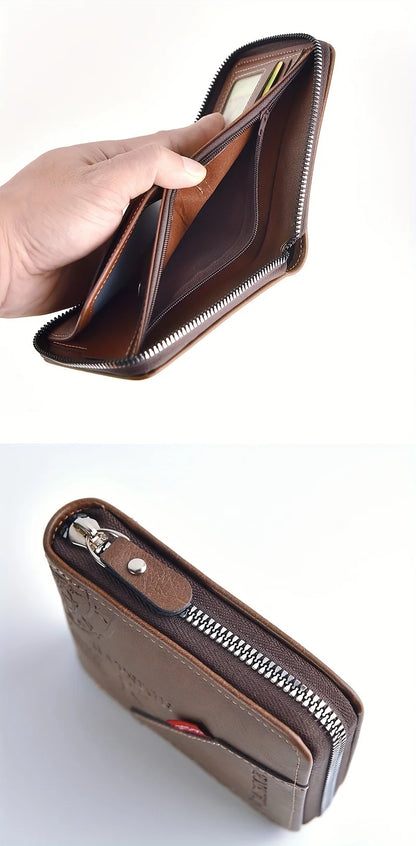 Men's PU Wax Oil Skin Zipper Wallet — Short Coin Purse & Card Holder with Zip-Around Closure