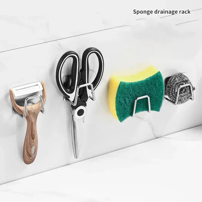 Self-Adhesive Kitchen Sink Sponge Holder — Stainless Steel Drain Drying Rack & Wall Hook Organizer