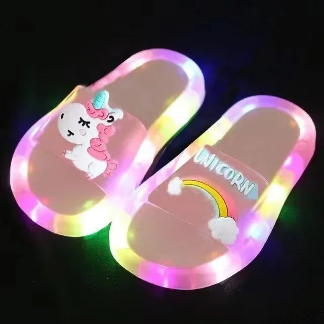 Kids Cartoon Unicorn Light-Up Slippers — Cute Animal Print Bathroom Toddler Shoes for Boys & Girls