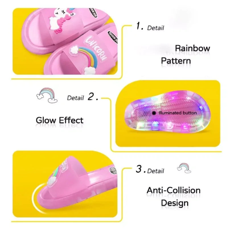Kids Cartoon Unicorn Light-Up Slippers — Cute Animal Print Bathroom Toddler Shoes for Boys & Girls