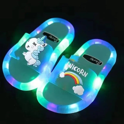 Kids Cartoon Unicorn Light-Up Slippers — Cute Animal Print Bathroom Toddler Shoes for Boys & Girls