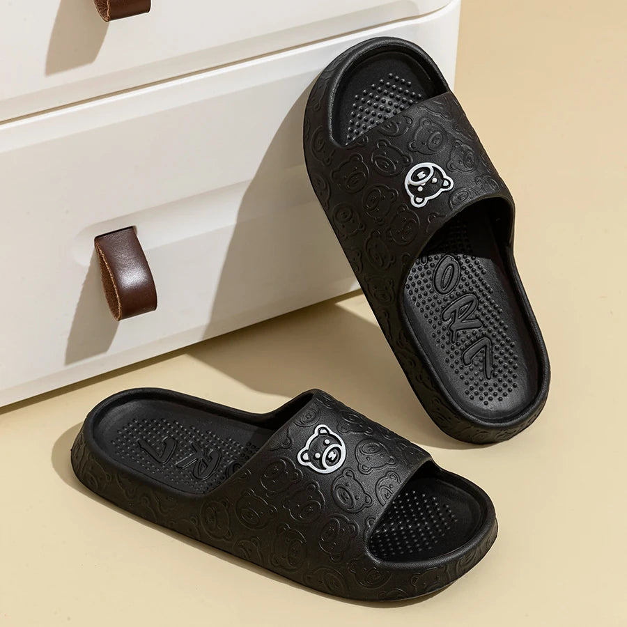 Little Bear Print Couple Slippers — Non-Slip Soft Indoor Bathroom Sandals for Men & Women