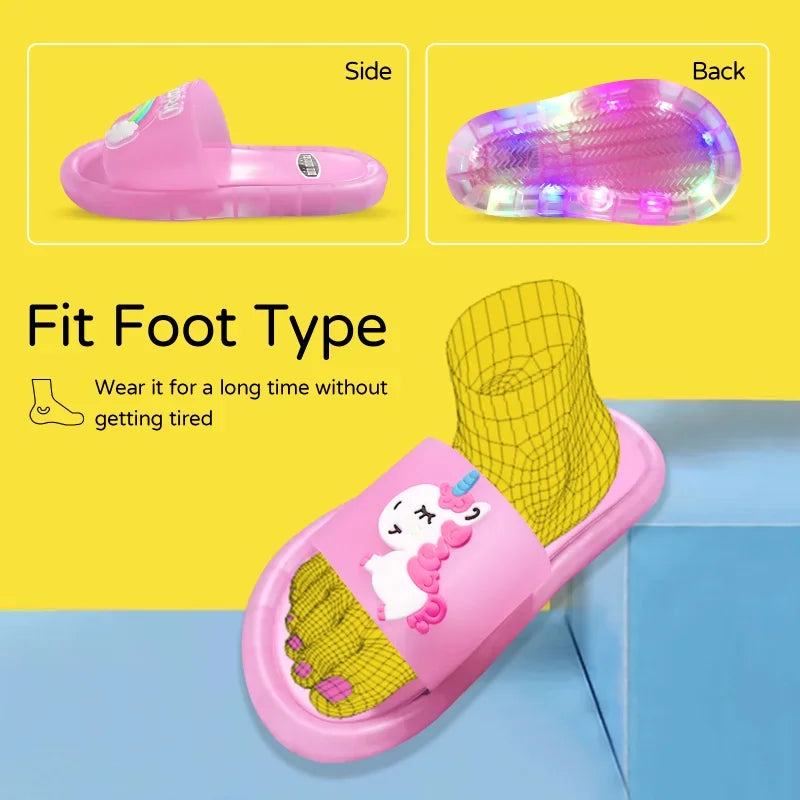 Kids Cartoon Unicorn Light-Up Slippers — Cute Animal Print Bathroom Toddler Shoes for Boys & Girls
