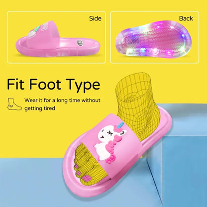 Kids Cartoon Unicorn Light-Up Slippers — Cute Animal Print Bathroom Toddler Shoes for Boys & Girls