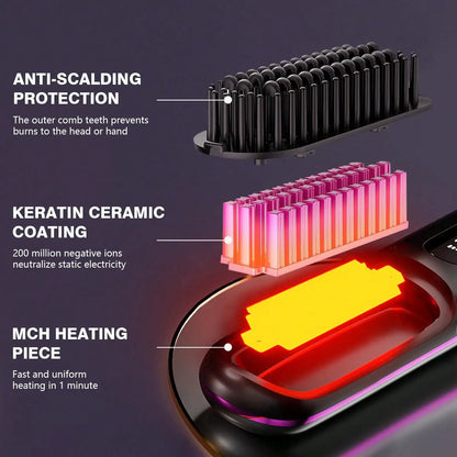 Women's Wireless Portable Hair Straightener Brush — USB Rechargeable Negative Ion Smoothing Tool with Anti-Scald Design