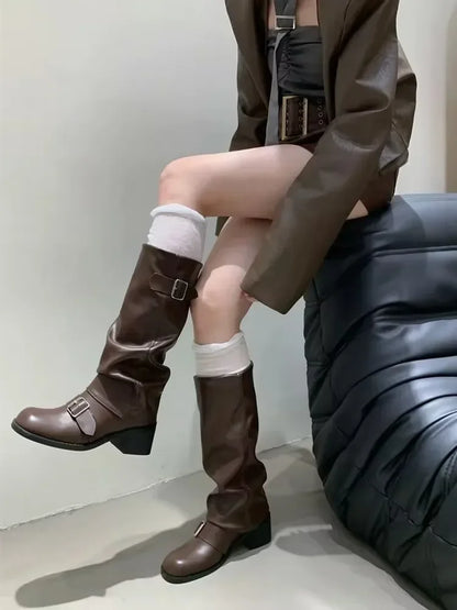 Knee High Platform Chunky Heel Boots — Punk Gothic New Rock Leather Motorcycle Boots for Women