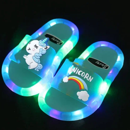 Kids Cartoon Unicorn Light-Up Slippers — Cute Animal Print Bathroom Toddler Shoes for Boys & Girls