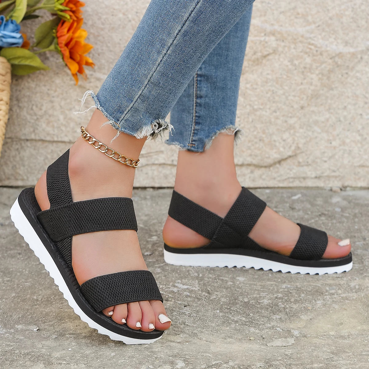 Women's Anti-Slip Flat Sandals — Fashion Trend Colour-Sole Pure Black Shoelace Design
