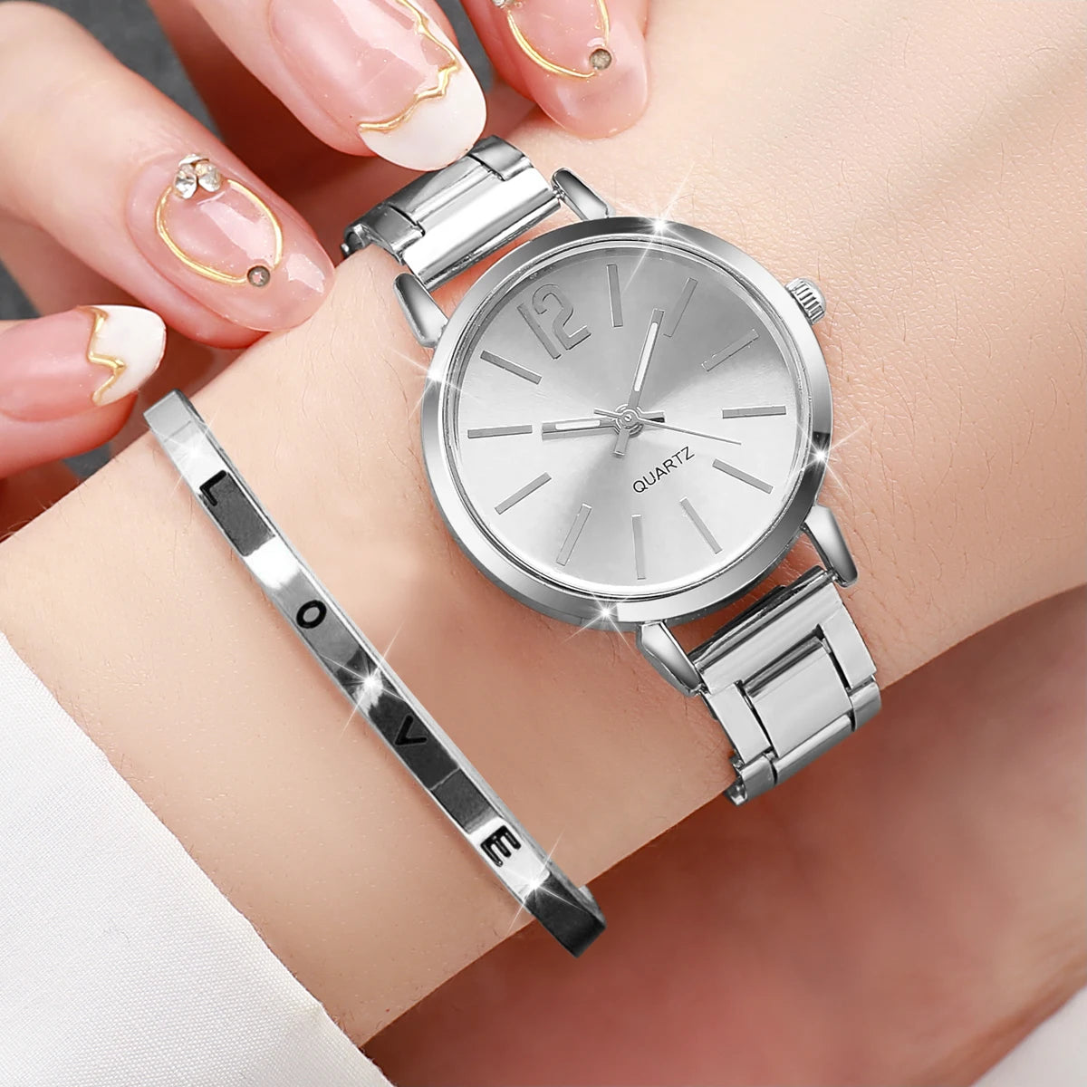 2-Piece Women’s Quartz Watch & Cuff Bracelet Set
