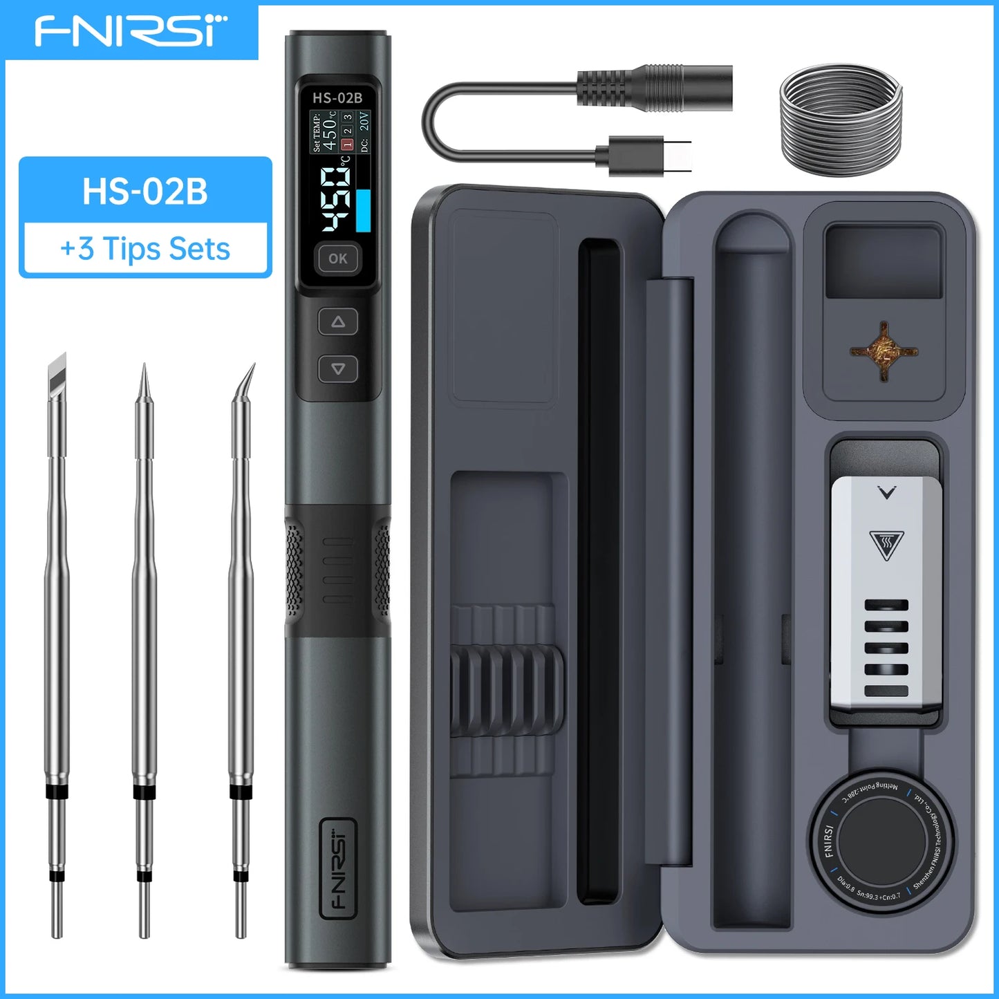 FNIRSI HS-02 Portable Soldering Iron — 100W PD, Adjustable 100-450°C Temperature & Fast Heating