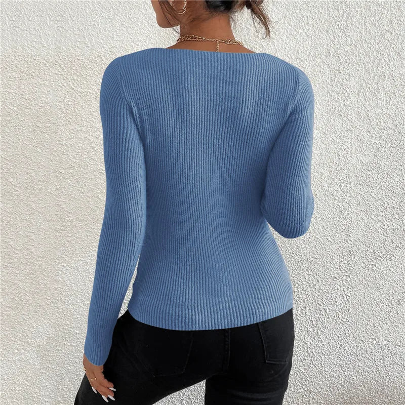 Women's Ribbed V-Neck Knit Sweater — Y2K Long Sleeve Pullover Top