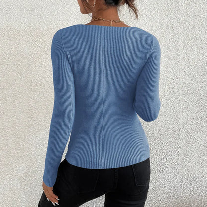 Women's Ribbed V-Neck Knit Sweater — Y2K Long Sleeve Pullover Top