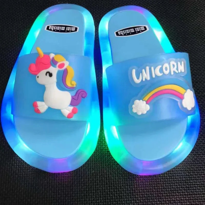 Kids Cartoon Unicorn Light-Up Slippers — Cute Animal Print Bathroom Toddler Shoes for Boys & Girls