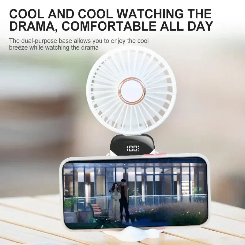 Portable Handheld & Neck Hanging Fan — 5-Speed USB Rechargeable Fan with Phone Stand & Display Screen (1800mAh)