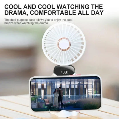 Portable Handheld & Neck Hanging Fan — 5-Speed USB Rechargeable Fan with Phone Stand & Display Screen (1800mAh)