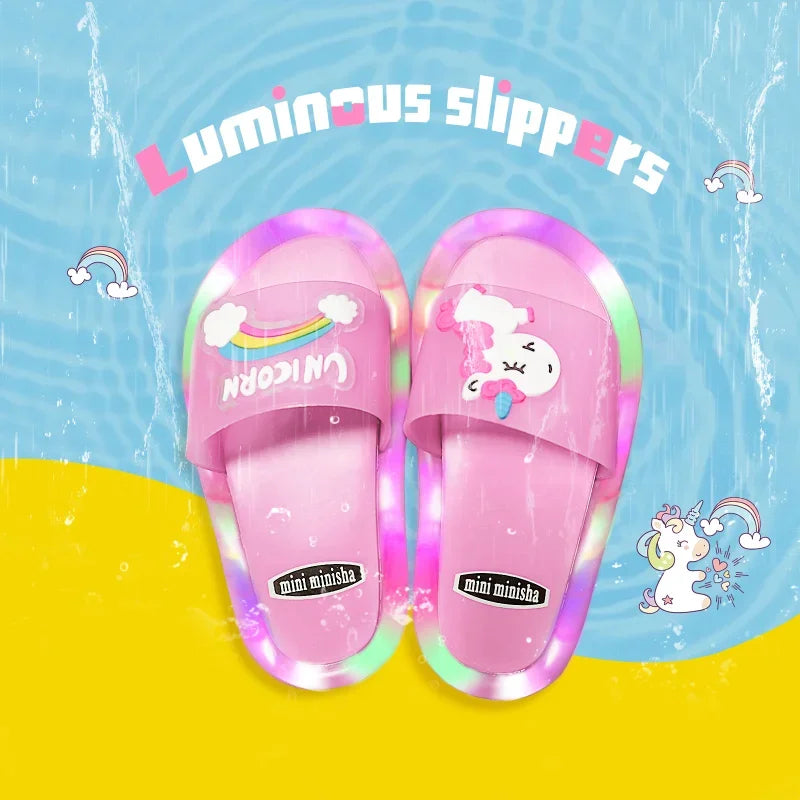 Kids Cartoon Unicorn Light-Up Slippers — Cute Animal Print Bathroom Toddler Shoes for Boys & Girls