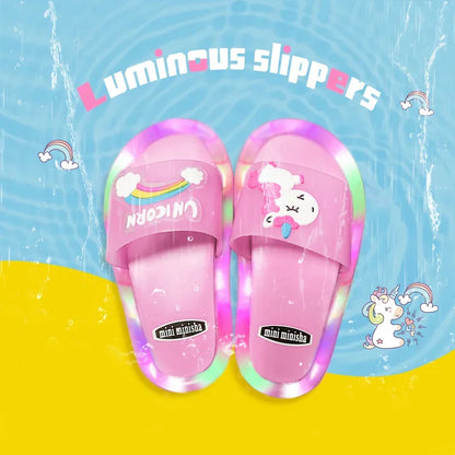 Kids Cartoon Unicorn Light-Up Slippers — Cute Animal Print Bathroom Toddler Shoes for Boys & Girls