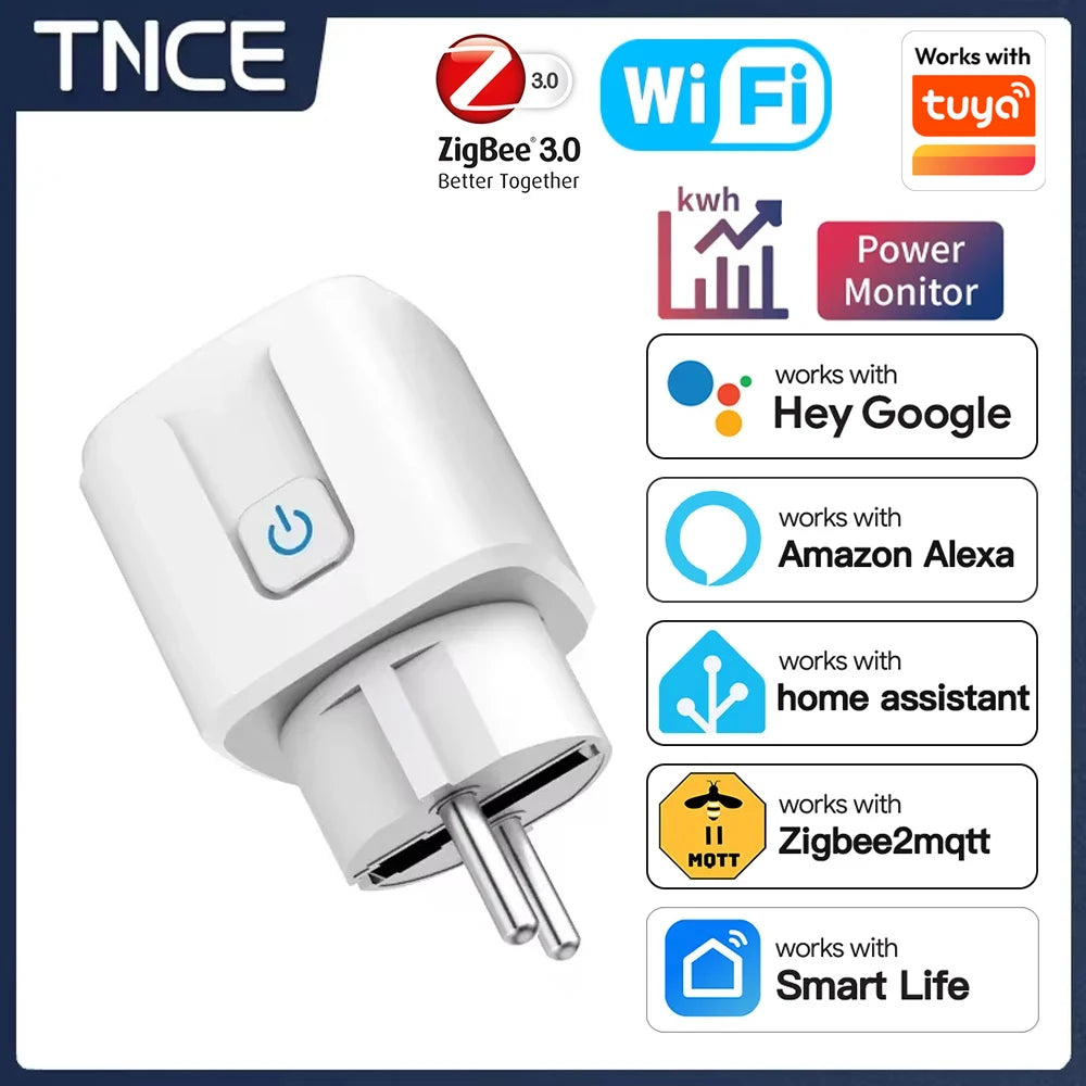 TNCE Tuya Smart Plug — WiFi & Zigbee 3.0 EU Socket with Power Monitor, 16A/20A, Alexa & Google Home