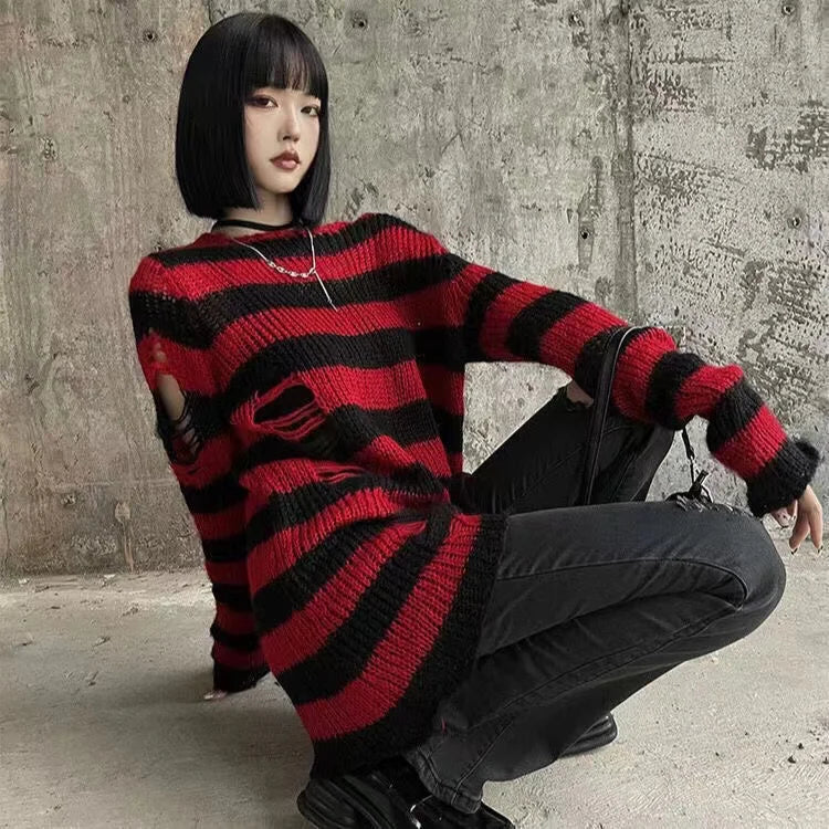 Punk Gothic Striped Sweater — Unisex Hollow-Out Rock Streetwear Top