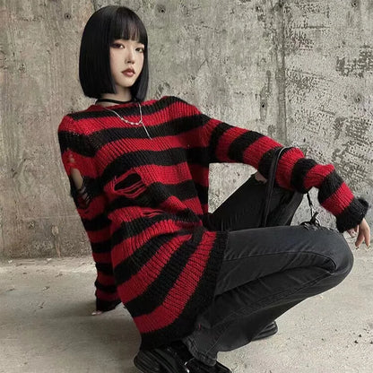 Punk Gothic Striped Sweater — Unisex Hollow-Out Rock Streetwear Top