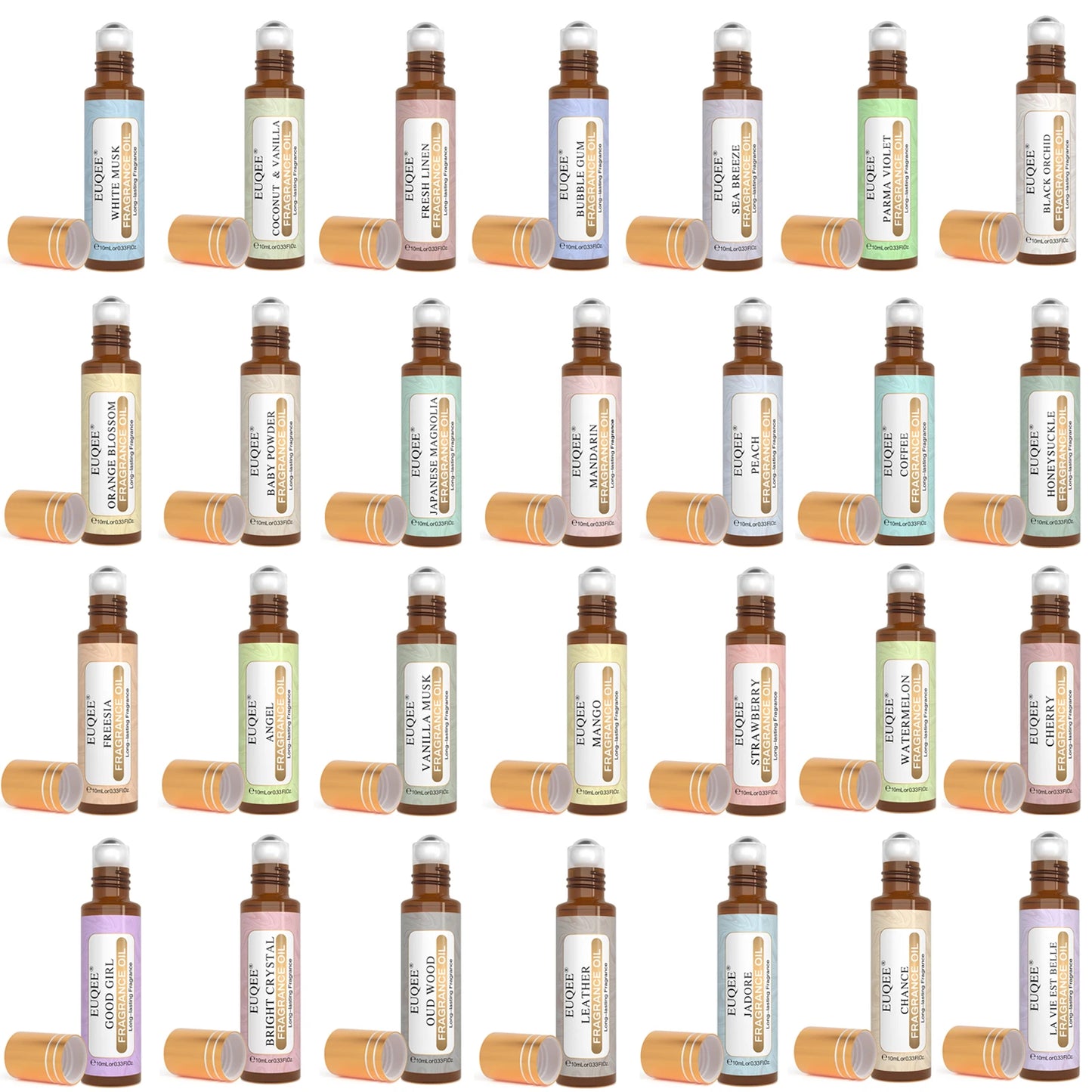 EUQEE 10ml Roll-On Fragrance Oil — Long Lasting Scent in La Vie Est Belle, CHANCE, J'adore, Cotton, Strawberry & Mango