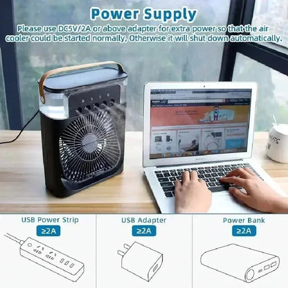 3-in-1 Mini Air Cooler Fan — Portable USB Humidifier, LED Night Light & Personal Air Conditioner