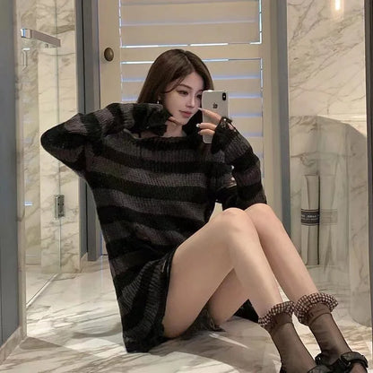 Punk Gothic Striped Sweater — Unisex Hollow-Out Rock Streetwear Top