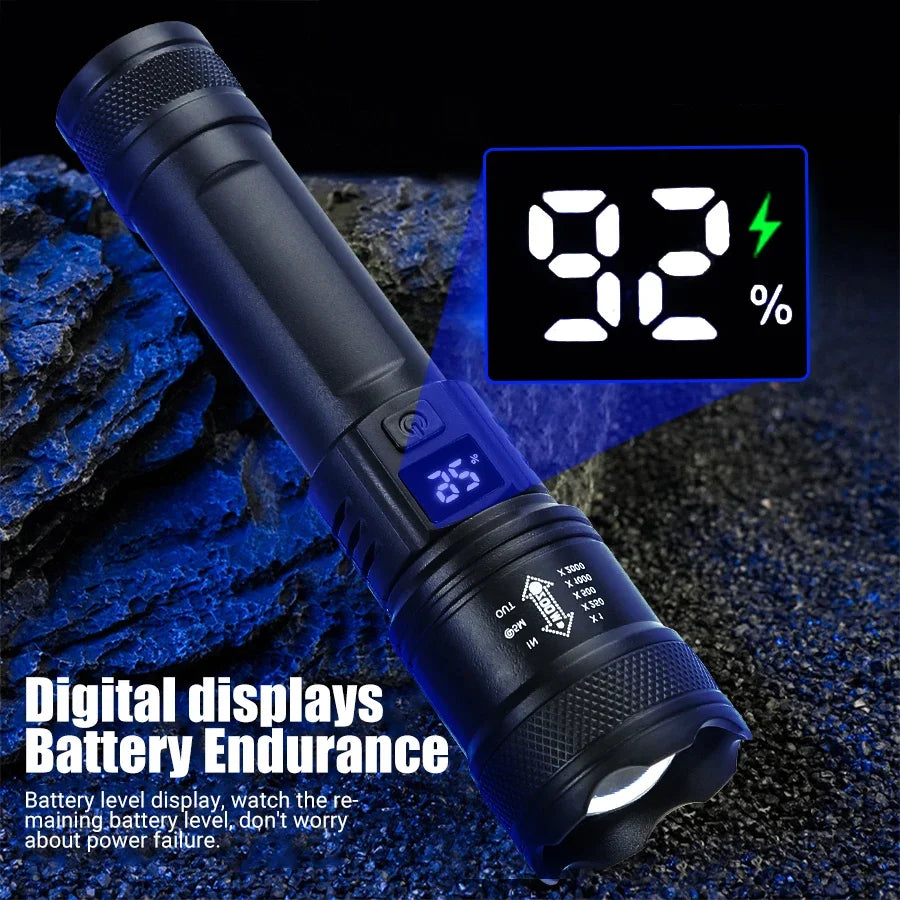 2000LM Tactical LED Flashlight — USB Rechargeable Zoomable Torch with Display for Camping, Fishing & Emergency