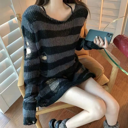 Punk Gothic Striped Sweater — Unisex Hollow-Out Rock Streetwear Top