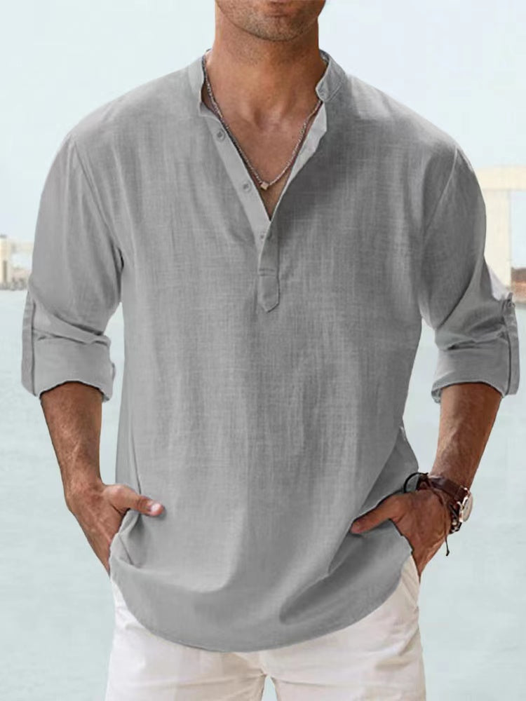 Men's Cotton Linen Long Sleeve Shirt — Lightweight Henley Beach & Hawaiian Style