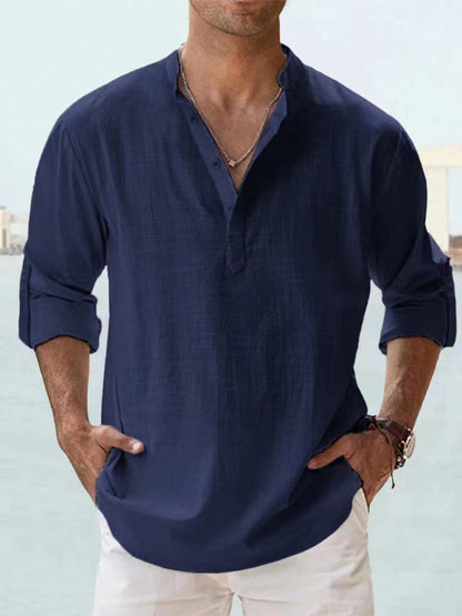 Men's Cotton Linen Long Sleeve Shirt — Lightweight Henley Beach & Hawaiian Style