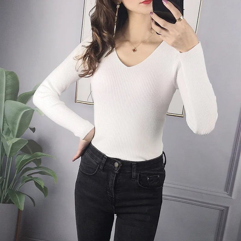Women's Ribbed V-Neck Knit Sweater — Y2K Long Sleeve Pullover Top