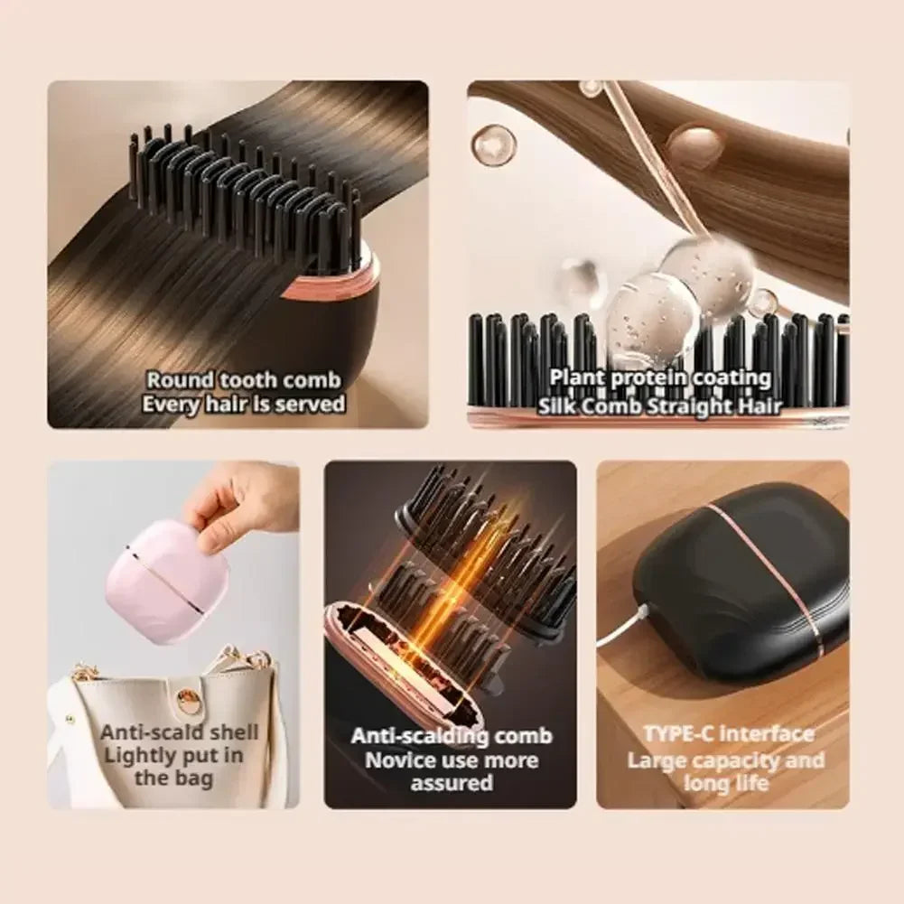 Mini Rechargeable Hair Straightener Brush — 3-Speed Temperature Control Anti-Scald Portable Travel Styling Tool