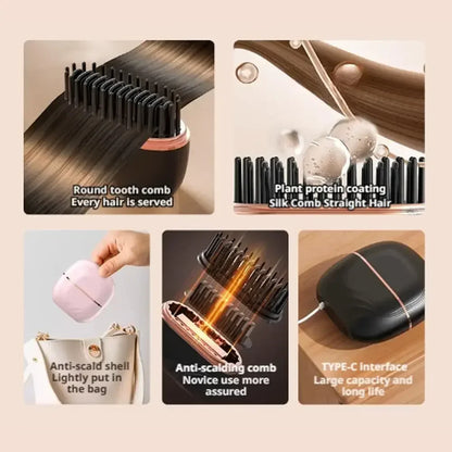 Mini Rechargeable Hair Straightener Brush — 3-Speed Temperature Control Anti-Scald Portable Travel Styling Tool