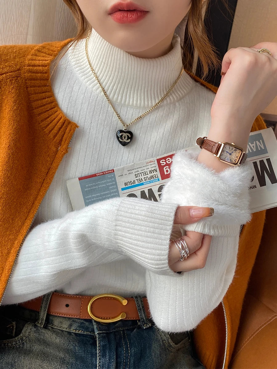Women's Retro Turtleneck Sweater — Velvet-Lined Thermal Knit Pullover