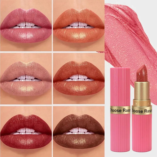 6-Shade Pearlescent Glitter Lipstick – Pink & Nude Tones