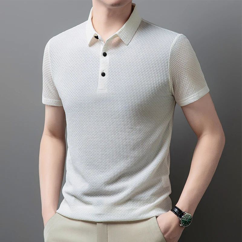Men's Business Casual Polo Shirt — Breathable Bone Flower Short Sleeve Summer Top
