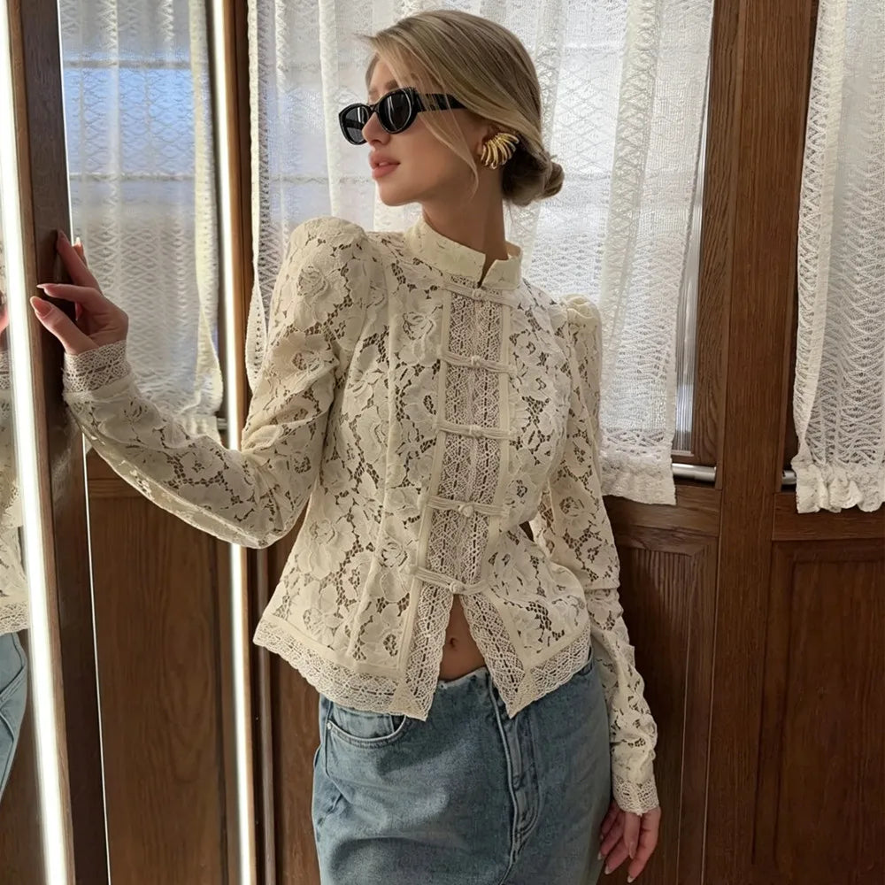 Women's Vintage Lace Blouse — Elegant Embroidery Puff Sleeve Top
