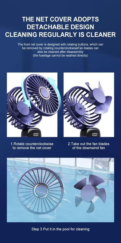 Portable Handheld & Neck Hanging Fan — 5-Speed USB Rechargeable Fan with Phone Stand & Display Screen (1800mAh)