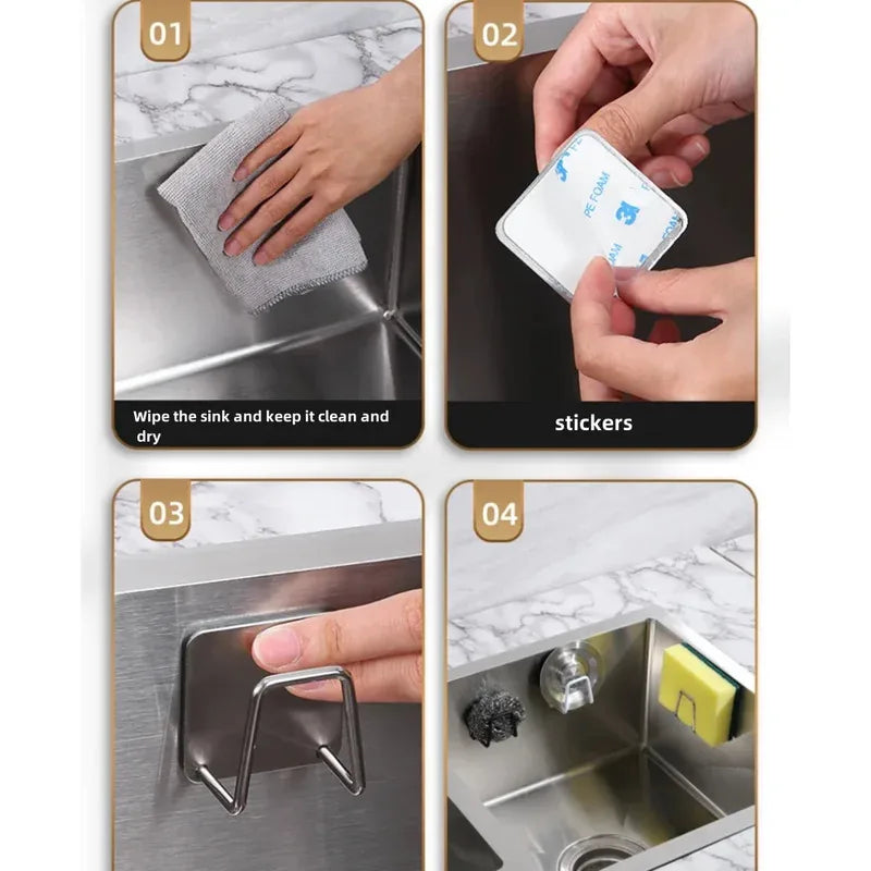 Self-Adhesive Kitchen Sink Sponge Holder — Stainless Steel Drain Drying Rack & Wall Hook Organizer