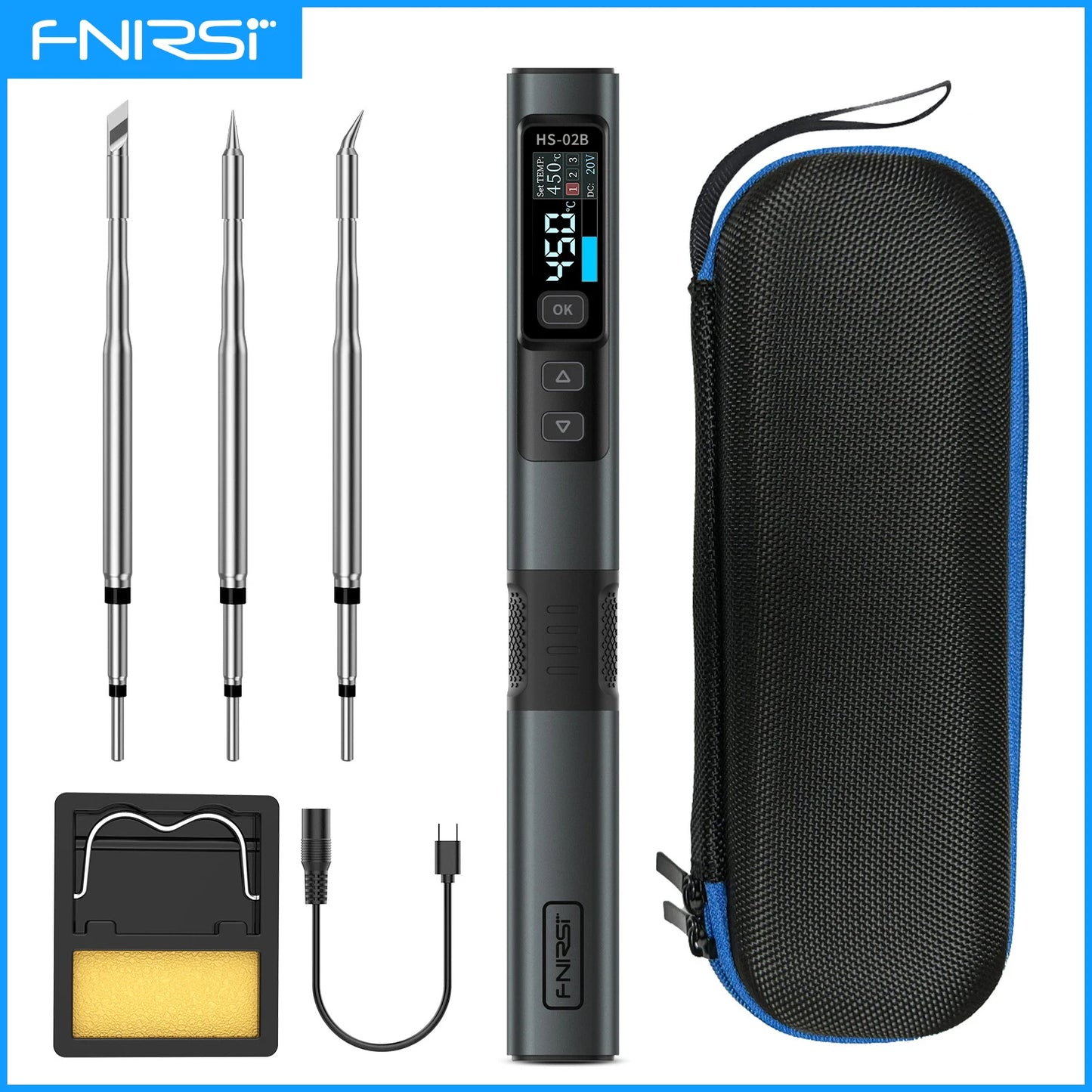 FNIRSI HS-02 Portable Soldering Iron — 100W PD, Adjustable 100-450°C Temperature & Fast Heating